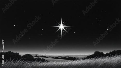 A radiant star shines brightly over a serene landscape at night.