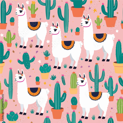 A whimsical seamless pattern featuring cute llamas and colorful cacti set against a soft pink background. 