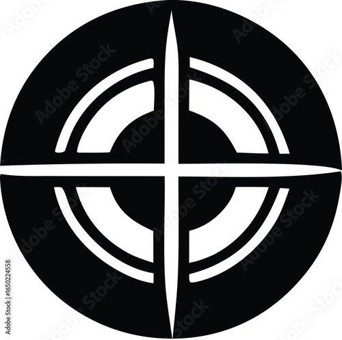 A stark black and white abstract circular design featuring a prominent crosshair or compass rose motif with segmented arcs