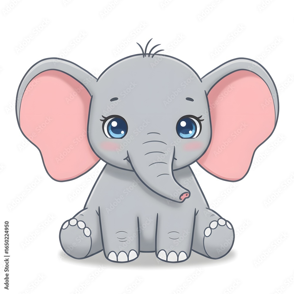 Fototapeta premium Cartoon baby elephant with large pink ears