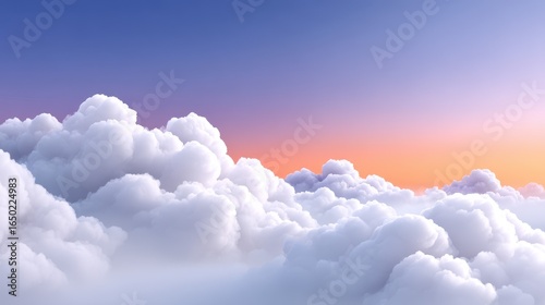 Serene sky with fluffy clouds at sunset, painted in soft pastel hues.
