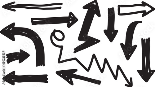 Various handdrawn arrow shapes and directions isolated on white background