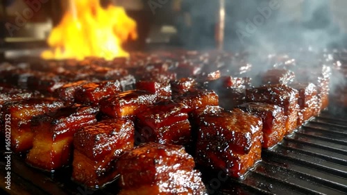 Delicious Smoked Pork Belly Burnt Ends Grilling Over Fire, Mouthwatering BBQ Meat Preparation