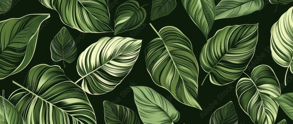Lush green tropical leaves pattern, dark background, nature design, textile print Lush green tropical leaves pattern, dark background, nature design, textile print