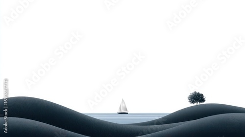 Serene landscape with a sailboat on calm waters, featuring gentle blue hills and a single tree.