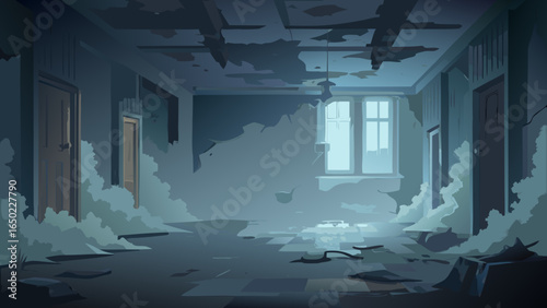 An abandoned, dilapidated room with crumbling walls and a caved-in ceiling. Light from a window illuminates the eerie and dusty interior, filled with debris and rubble.