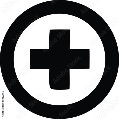 Bold black cross centered within a thick circular outline against a white background symbolizing health and medicine