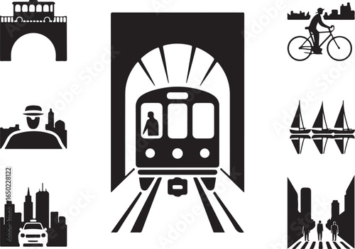 Urban transit, city life, and travel icons collection