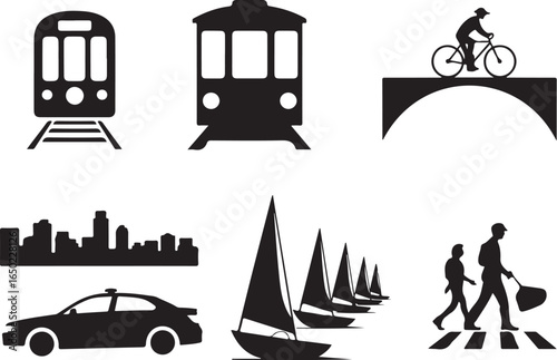 Urban transit, city skyline, and water sports icons