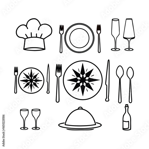 Chef hat plate fork knife spoon glass bottle cloche vector