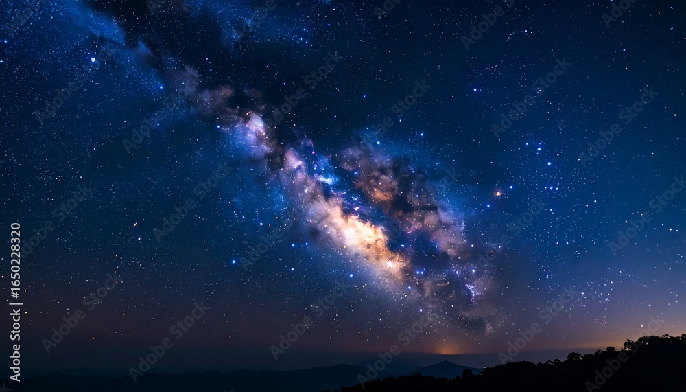 Fototapeta premium Majestic Milky Way Galaxy Over Mountain Silhouette, Night Sky, Stars, Universe.