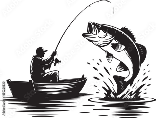 Fisherman reels in jumping bass from boat on water