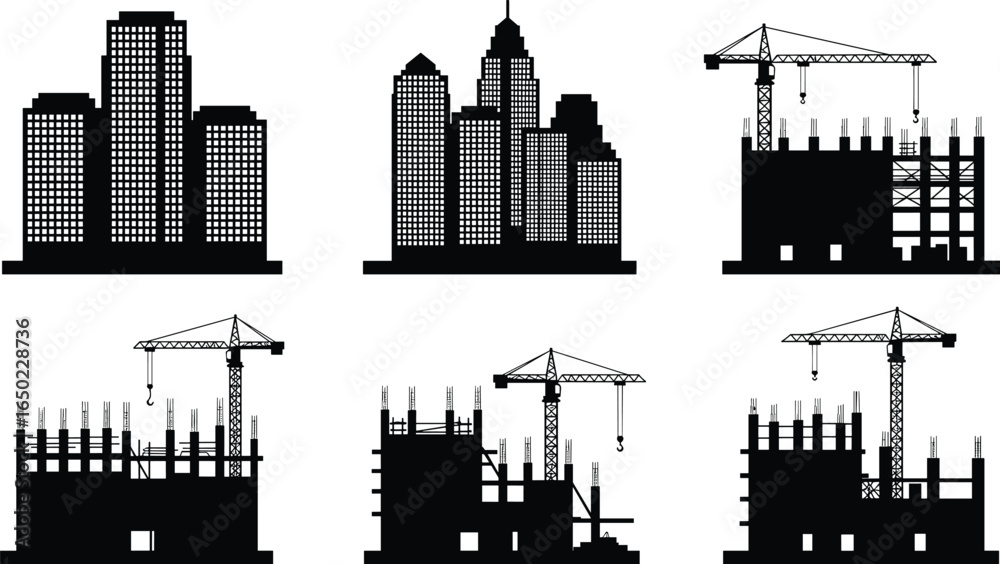 Fototapeta premium City skyscraper silhouettes and high-rise construction buildings with cranes, urban skyline development, black vector illustration of city architecture