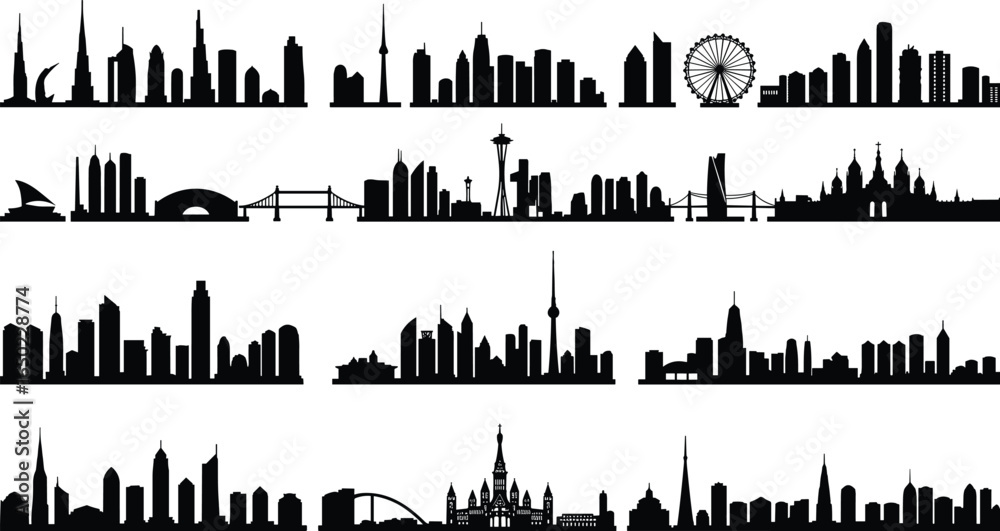 Obraz premium City skyline silhouettes, famous landmarks, urban architecture, skyscrapers, bridges, towers, panoramic views, modern buildings, travel destinations, cityscape design, black and white
