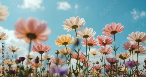 Colorful Wildflowers Blooming Under Clear Blue Sky