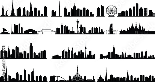 City skyline silhouettes, famous landmarks, urban architecture, skyscrapers, bridges, towers, panoramic views, modern buildings, travel destinations, cityscape design, black and white