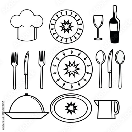 Chef hat plates wine glass bottle cutlery serving dish oval platter kettle vector
