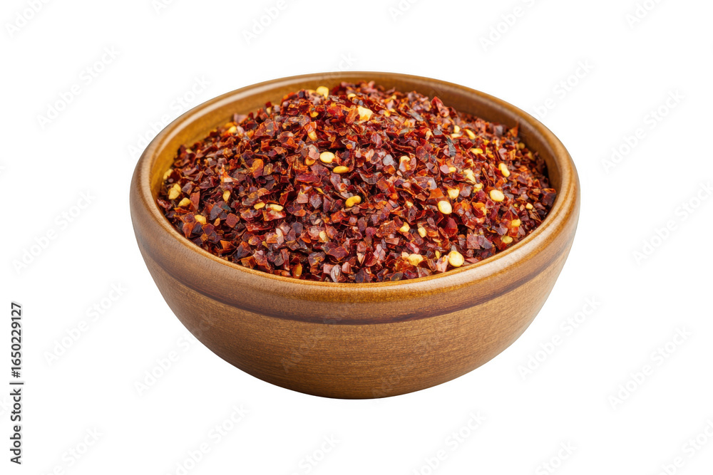 Bowl of red pepper flakes, crushed chili pepper spice in wooden bowl, cooking ingredient, seasoning, food photography, isolated on transparent background Bowl of red pepper flakes, crushed chili pepper spice in wooden bowl, cooking ingredient, seasoning, food photography, isolated on transparent background