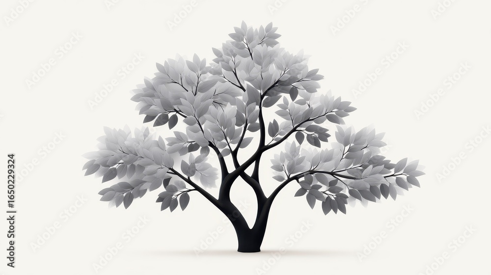 Fototapeta premium Stylized black and white tree illustration with intricate leaf patterns.