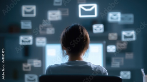 Woman at computer surrounded by floating email icons, concept of digital communication and information overload