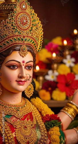 Portrait close-up of Maa Durga idol with flowers and glowing diyas