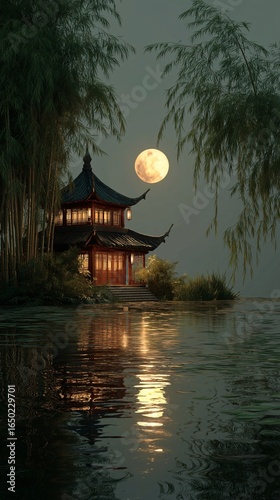 the moon with chinese pavilion at night