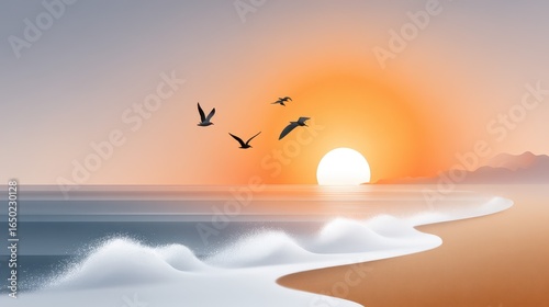 Serene sunset over the ocean with birds flying in the sky.