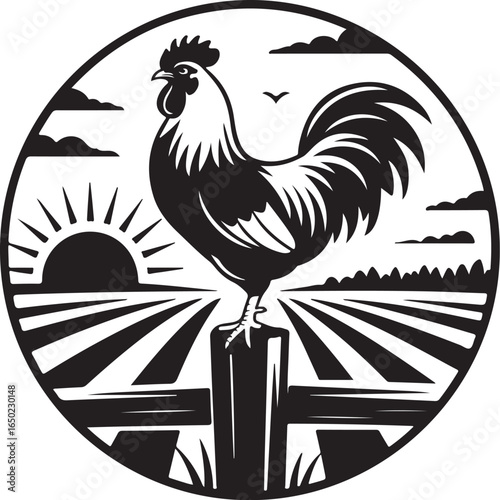 Rooster heralds dawn over fertile farmland