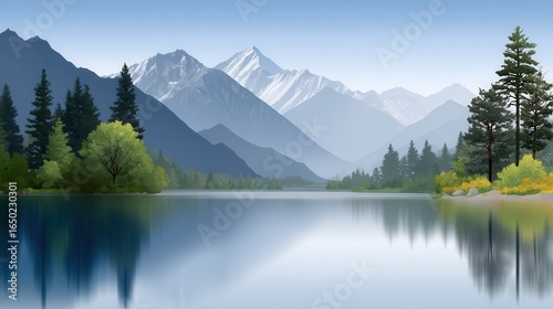 Serene mountain landscape reflecting on tranquil waters at dawn.