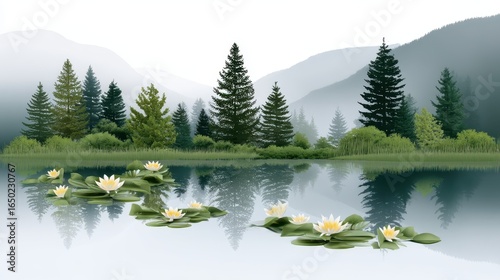Serene lake with lily pads and lush trees reflecting peaceful mountains.