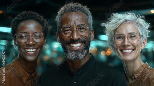 Group of three smiling friends enjoying a joyful moment together in a vibrant, modern indoor setting