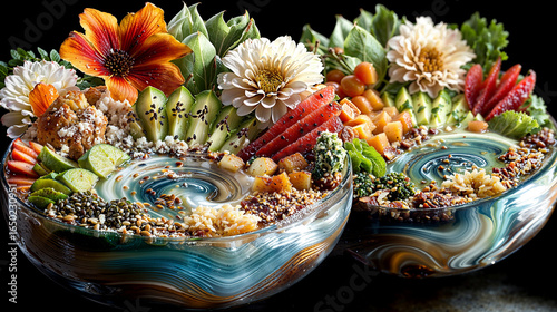 Colorful fruit and vegetable bowls displayed with artistic arrangement in a vibrant setting during daylight hours