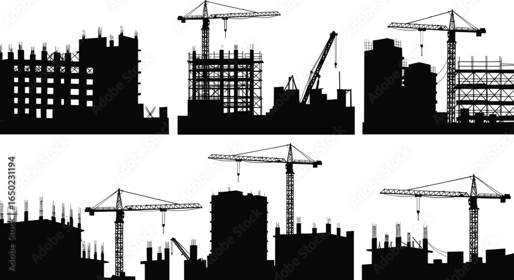 Obraz premium Construction site silhouettes with multiple tower cranes, building framework, urban development, industrial construction progress, heavy machinery, architecture, black and white images