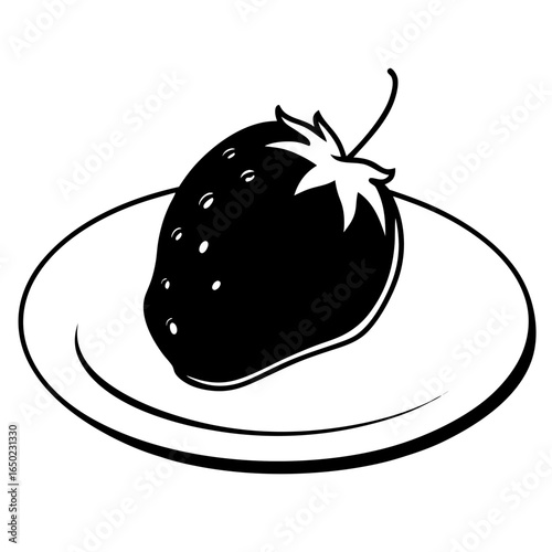 "A single strawberry dipped halfway in glossy dark chocolate, resting on a white porcelain plate with delicate powdered sugar dusting."
