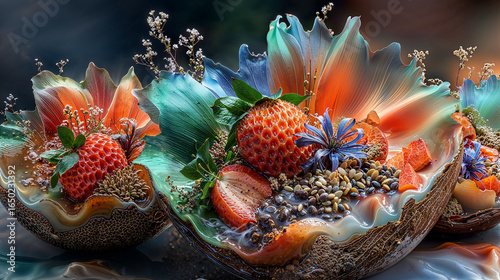 Creative fruit display with vibrant colors showcasing strawberries, edible flowers, and intricate bowls at a summer event