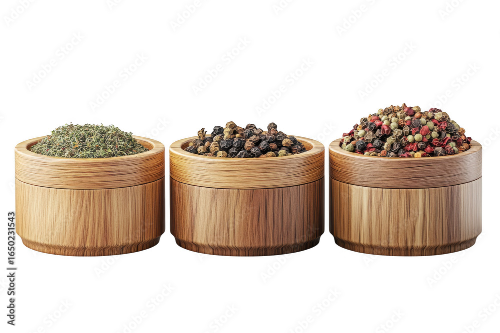 Fototapeta premium Three wooden bowls filled with herbs, black peppercorns, and mixed peppercorns, culinary spices, condiments, ingredients, food isolated on transparent background