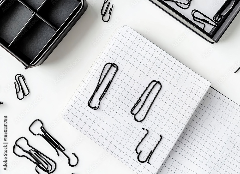 Fototapeta premium Black paper clips on the grid notebook, white background. Top-view photograph of black clips and a box with stationery office supplies. High-resolution photography.