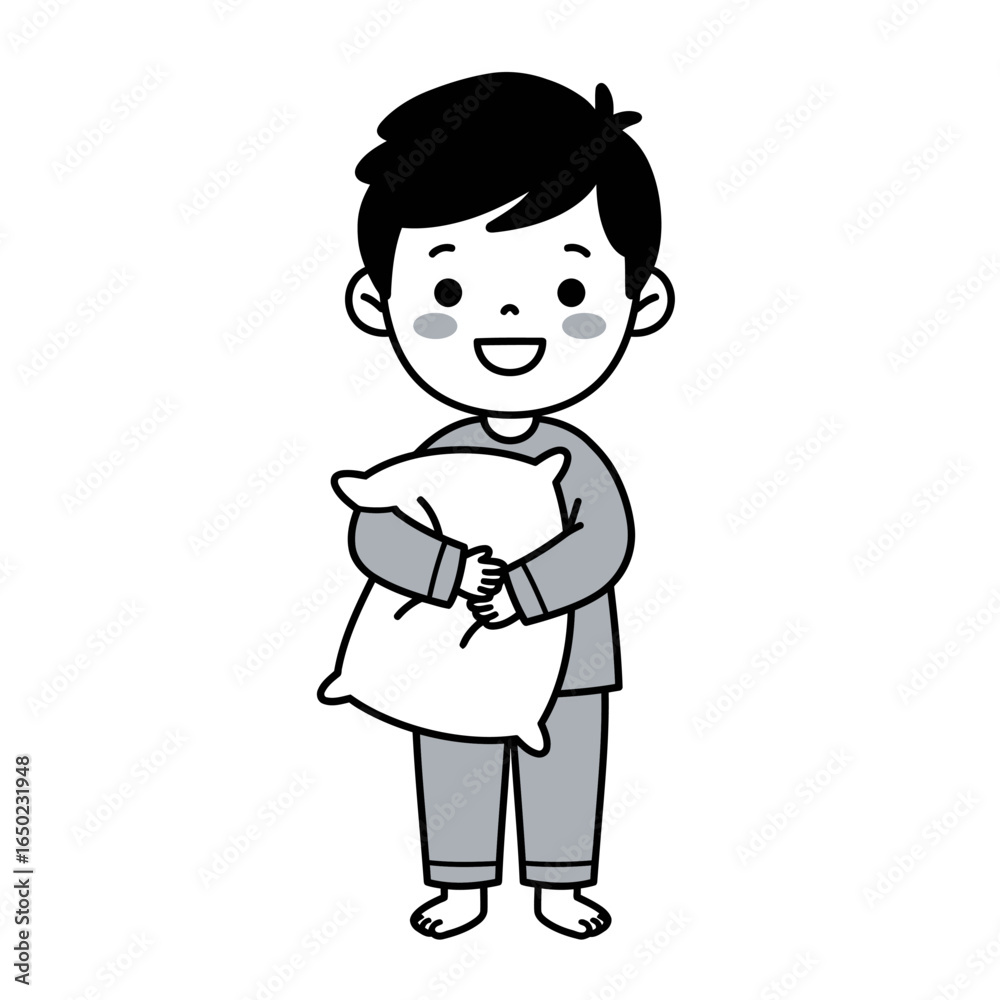Adorable cartoon boy in grey pajamas smiling while standing and hugging a soft white pillow. Adorable cartoon boy in grey pajamas smiling while standing and hugging a soft white pillow.