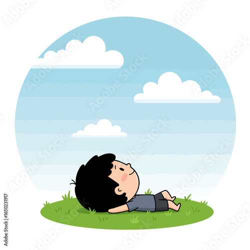A peaceful cartoon boy with black hair lies on a green lawn daydreaming and looking at the sky.