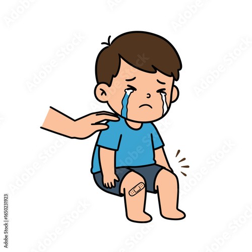 A sad cartoon boy crying from a knee injury with a bandage being comforted by a gentle hand.