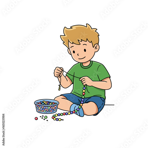 Boy Making Colorful Bead Necklace Sitting and Concentrating.