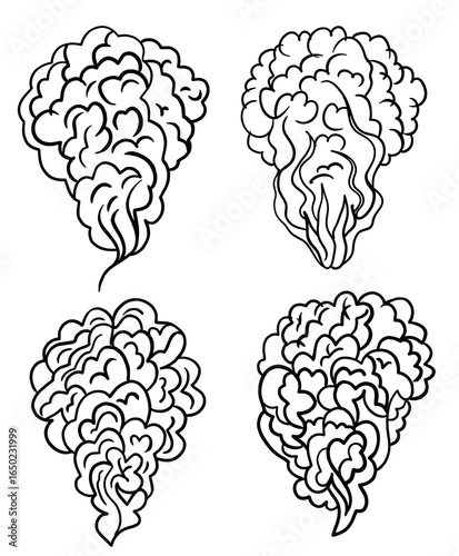 Monochrome Smoke Cloud Vectors: Japanese Tattoo Style Vapors, Intricate Line Art Illustrations for Digital Design, Prints, and Decorative Elements