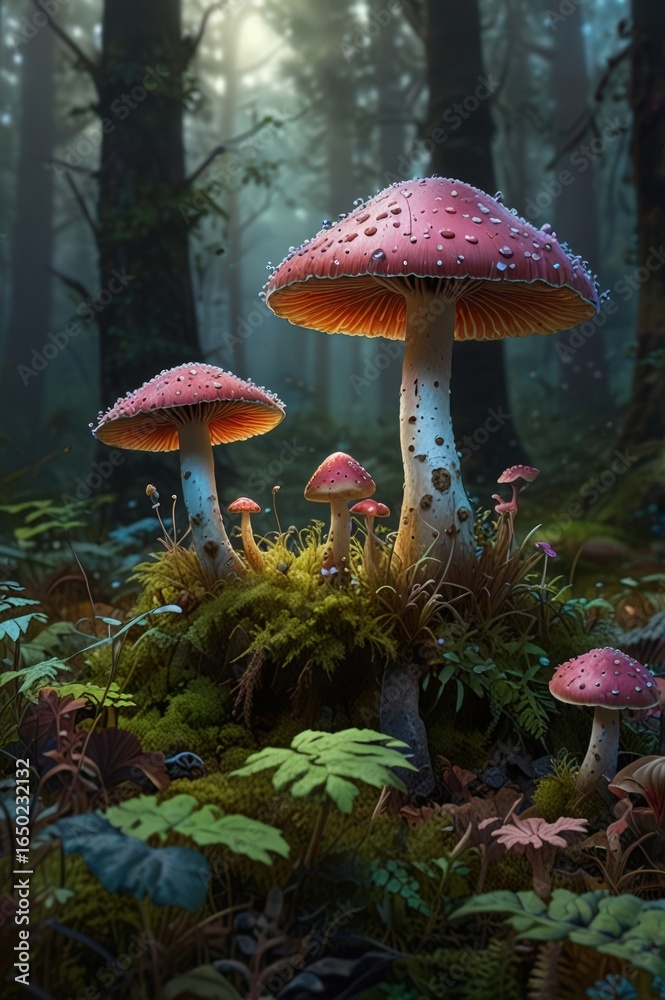 Fototapeta premium Fungal growth with pink caps in a forest.