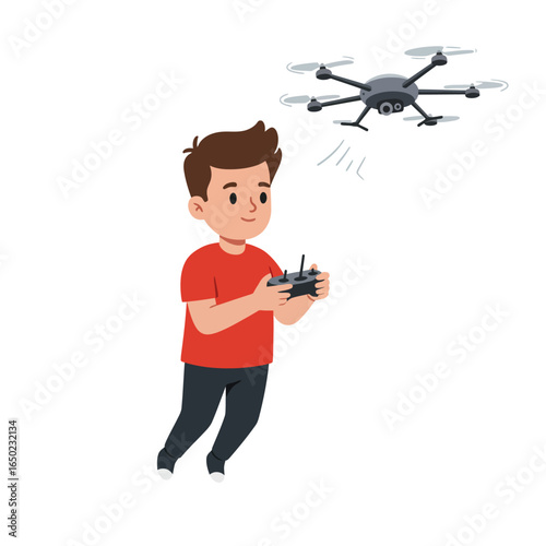 Cartoon boy in a red shirt flying a gray hexacopter drone with a remote control.