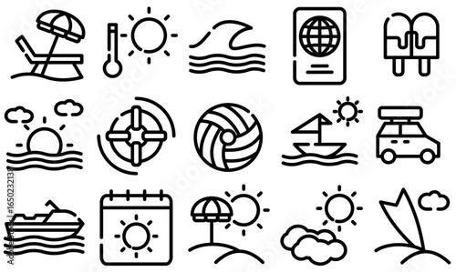 Collection of summer vacation and travel outline icons including beach chair, thermometer, sun, waves, passport, flip flops, sunset, lifebuoy, volleyball, sailboat, car travel, cruise, calendar, beach