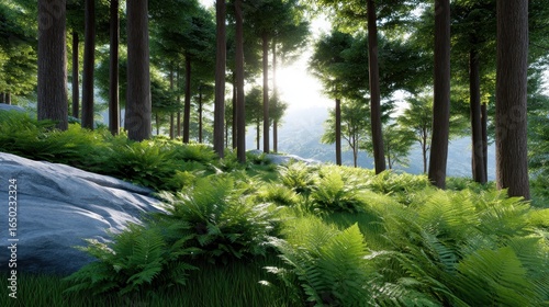 Serene forest landscape with lush ferns and soft sunlight filtering through tall trees.