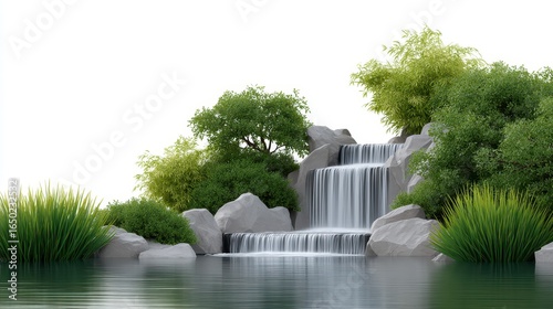 Serene waterfall cascading over rocks surrounded by lush greenery.