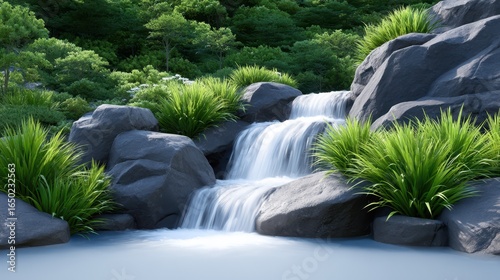 Tranquil waterfall cascading over smooth rocks in a lush green forest.