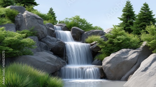 Serene waterfall cascading over rocks in a lush green landscape.