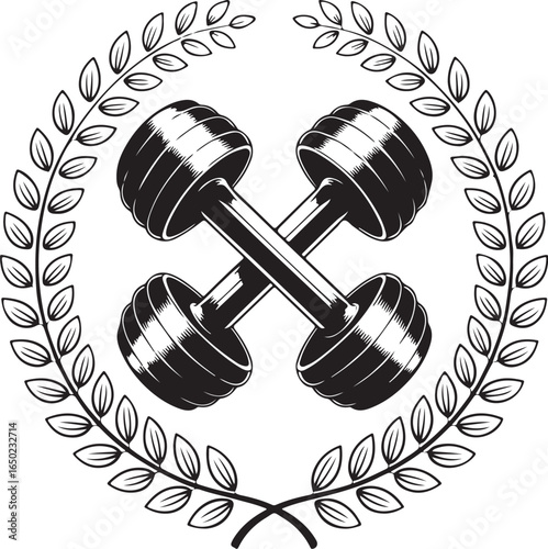 Vintage dumbbells in laurel wreath victory emblem